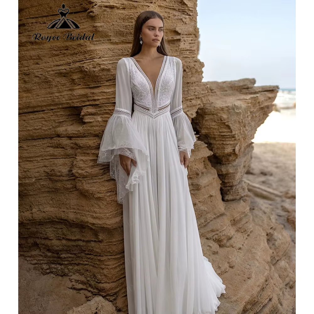 Robe de mariée vintage bohème en dentelle et mousseline de soie, manches évasées, robe de mariée pou