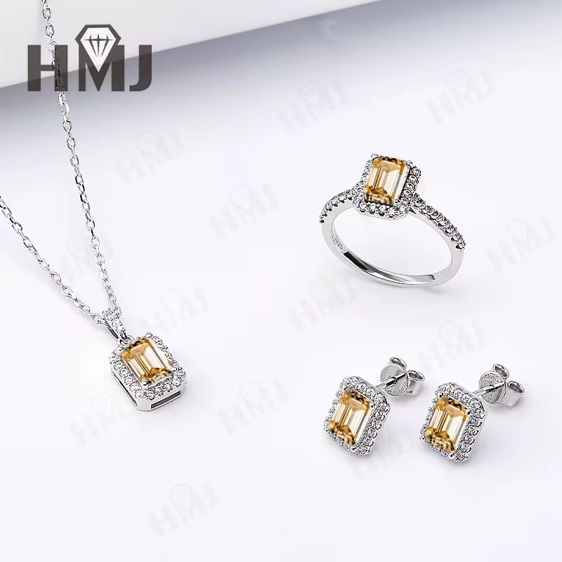 Ensemble de bijoux bague boucle d'oreille collier taille émeraude Moissanite pierres précieuses cult