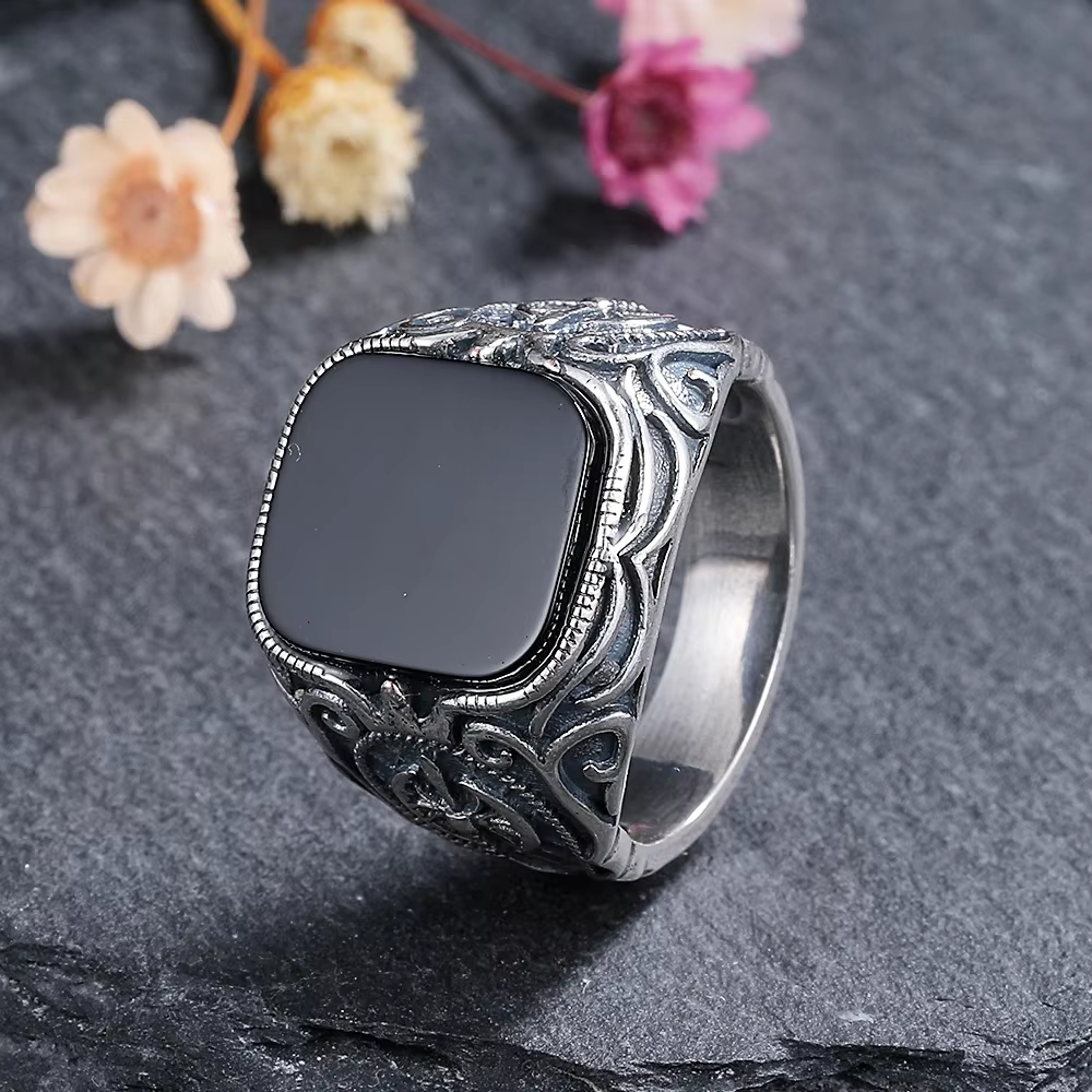 Bague en argent naturel pour femmes, bijoux rectangulaire, grande pierre d'agate noire, Vintage, cad