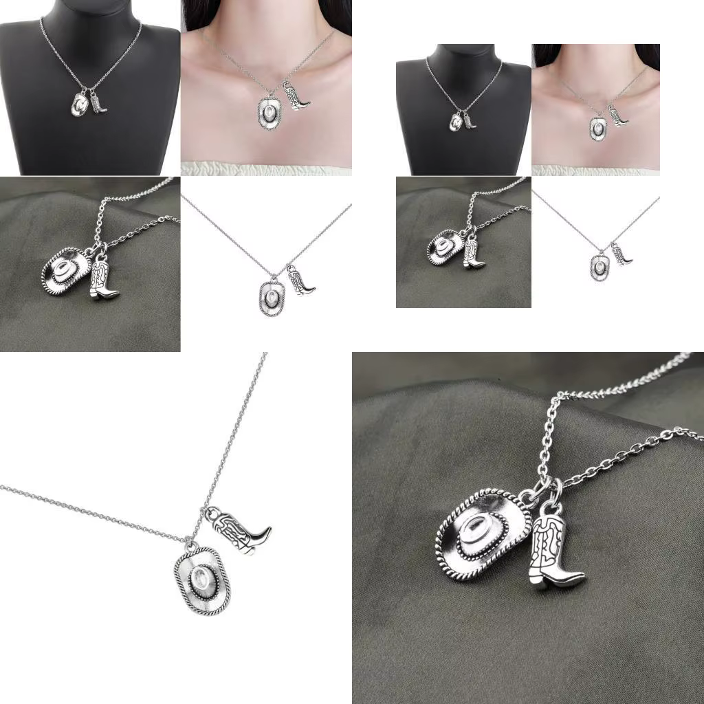 Collier à breloques en argent Antique avec chapeau Cowboy botte, bijoux occidentaux, cadeau pour fem