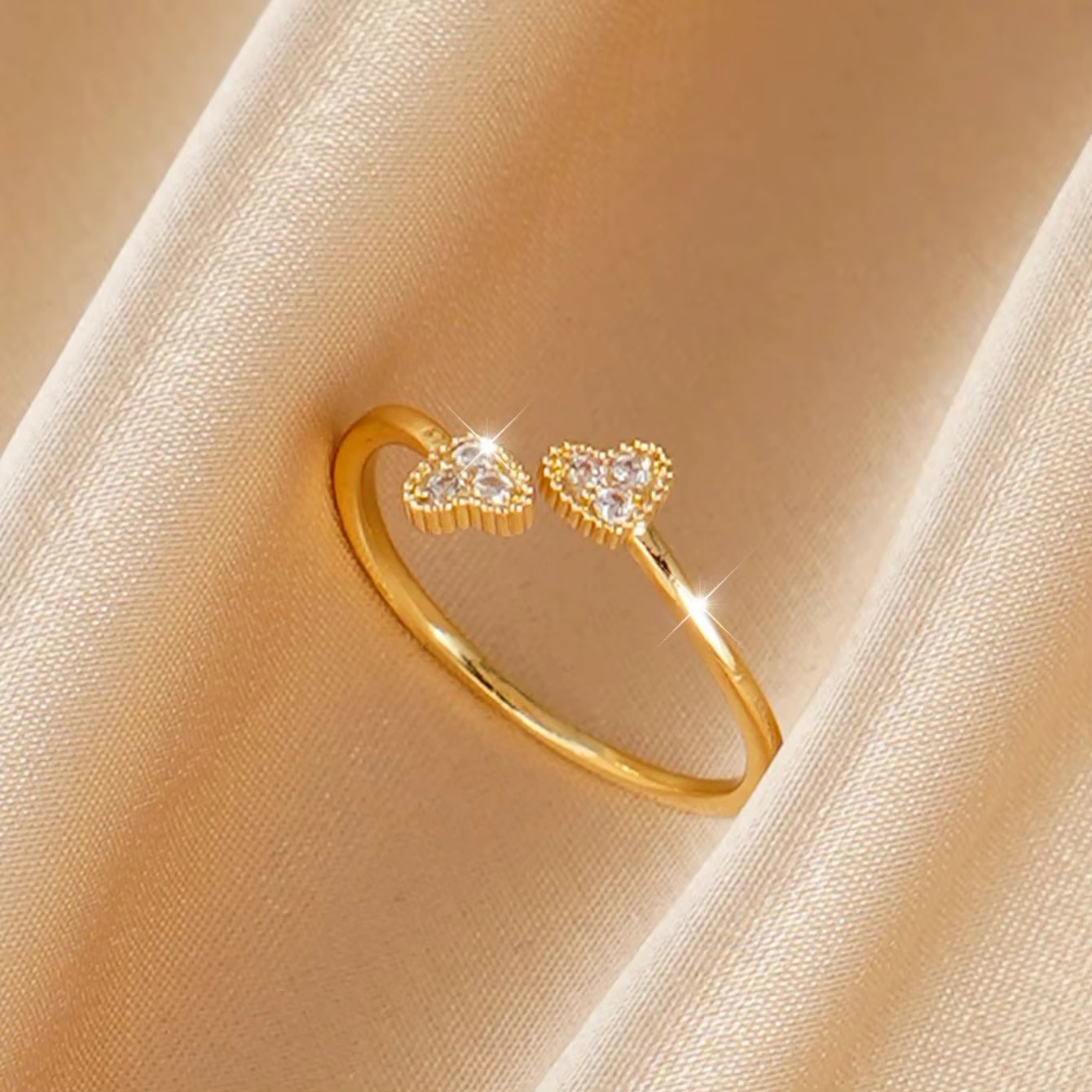 Bague élégante réglable à double cœur sertie de diamants, accessoire de bijouterie compact et brilla