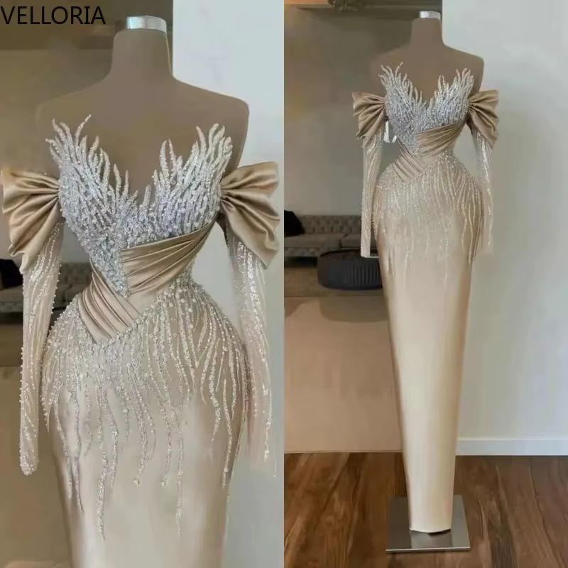 Robe De soirée sirène De luxe, épaules dénudées, manches longues, perles, robe De bal formelle, pers