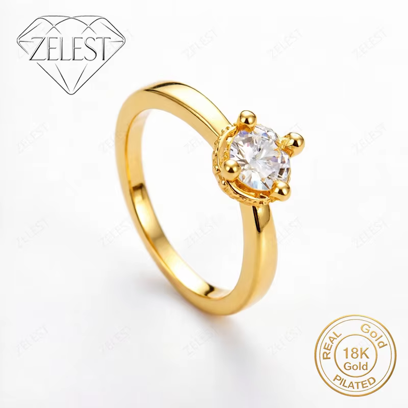Bague solitaire en diamant à quatre griffes en argent sterling 925 plaqué or 18 carats pour femme, b