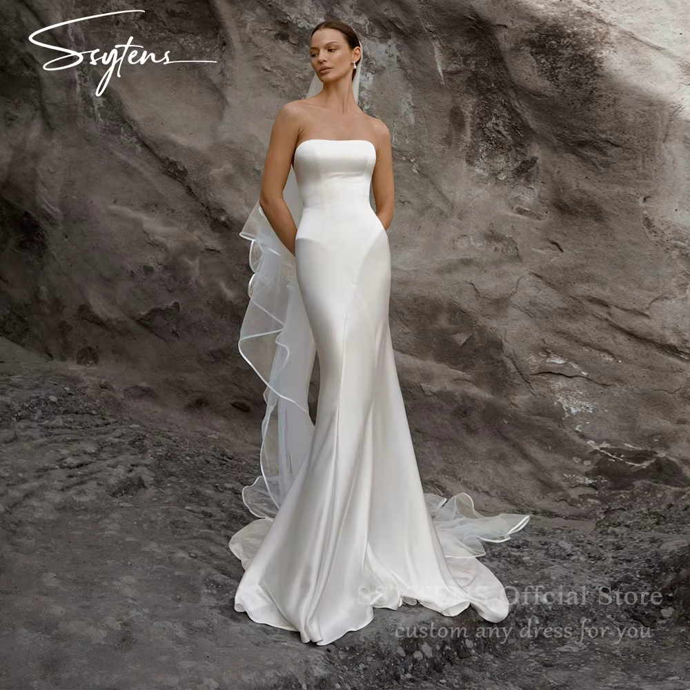 SSYTENS Robes de mariée simples personnalisées sans bretelles, sans manches, dos lacé, en satin, cou