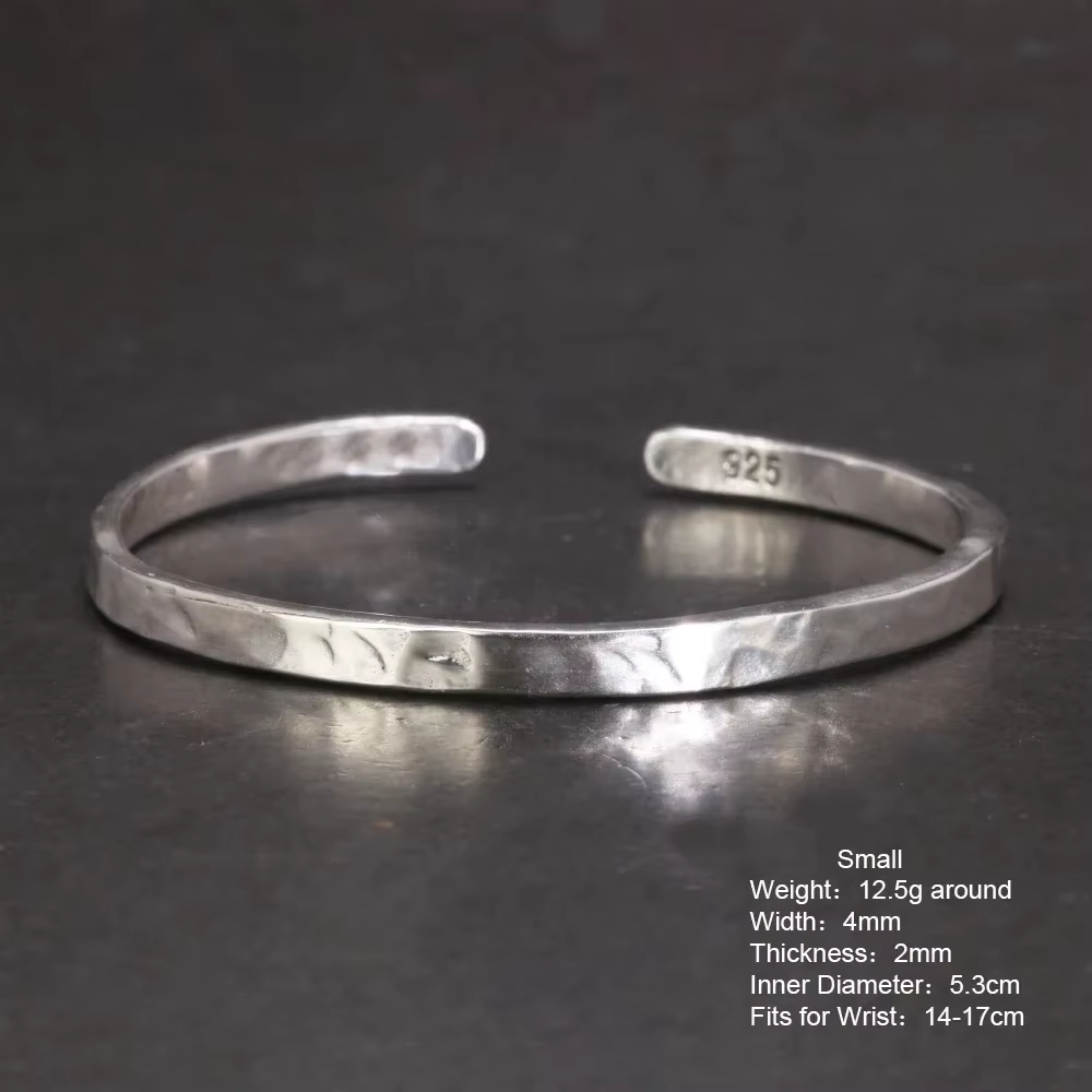 Bracelets de manchette martelés en argent Sterling 925 véritable pour hommes et femmes, bijoux fins 