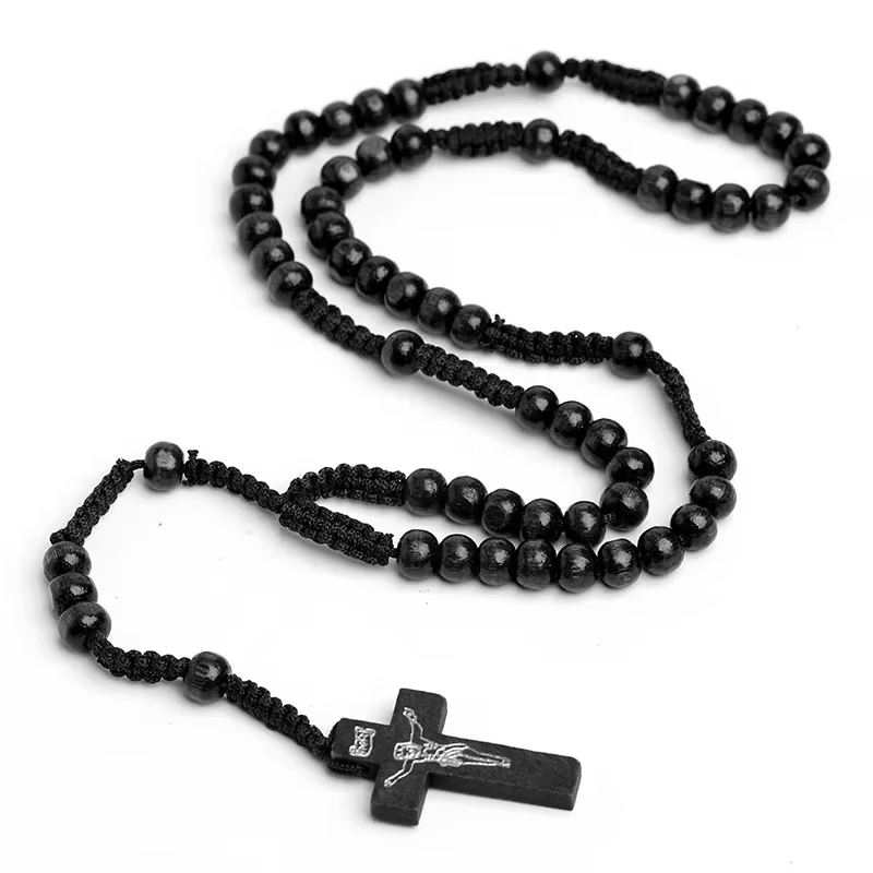 Collier de perles en bois catholique pour femmes, pendentif croix Crucifix, corde tressée, chapelet,