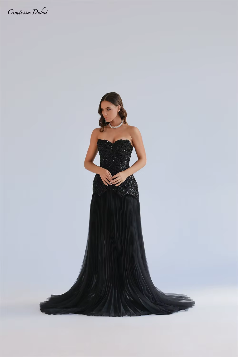 Contessa – robe de soirée personnalisée, robe de bal élégante, sans bretelles, avec corset perlé, à 