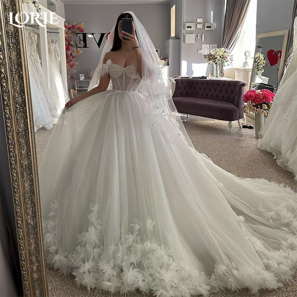LORIE-Robe de Mariée en Dentelle Personnalisée, Vêtement de Princesse, Ligne A, Décolmétrage, Fleurs