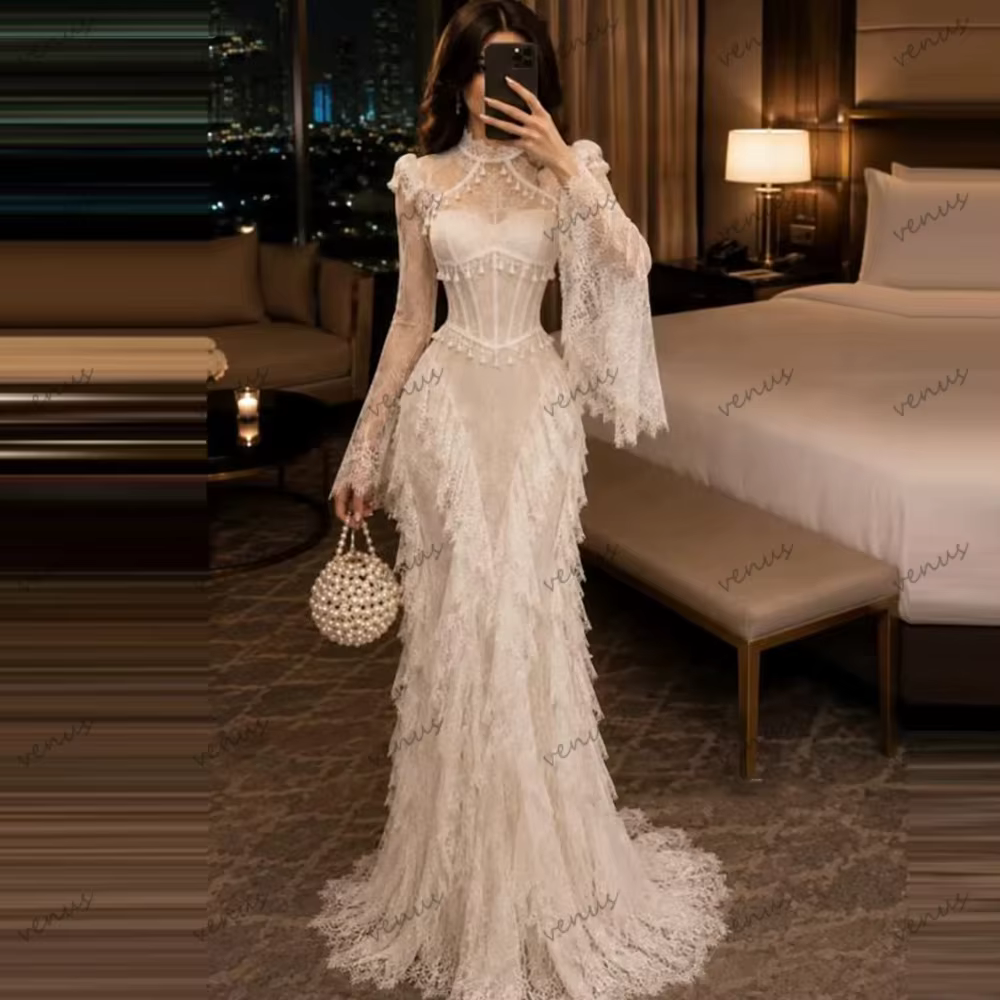 Robes de mariée bohèmes vintage en dentelle à volants modestes pour femmes – Robes de mariée personn