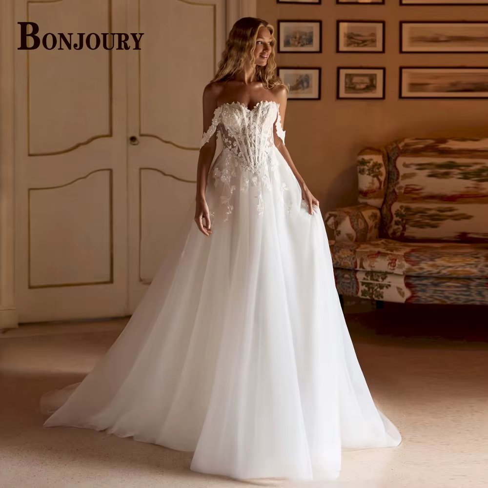 BONJOURY Robes de mariée classiques pour la mariée avec appliques, épaules dénudées, fermeture éclai