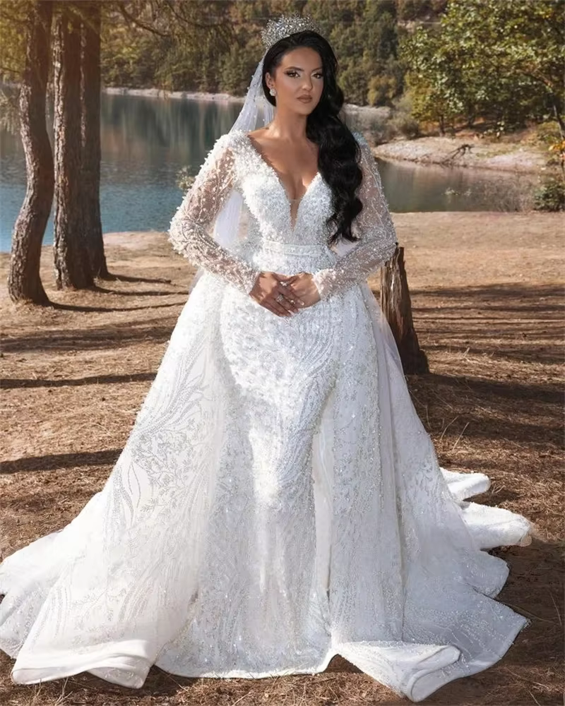 Nymphe paillettes robes de mariée avec Train détachable robes de mariée à manches longues Robe perle
