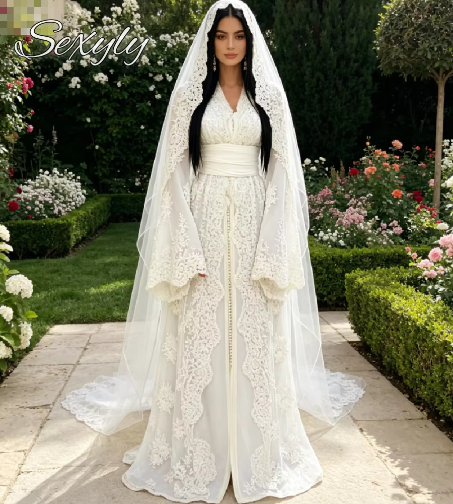 Robe de mariée modeste Caftan marocain 2026, manches évasées, dentelle, Abaya musulmane de Dubaï, Ro