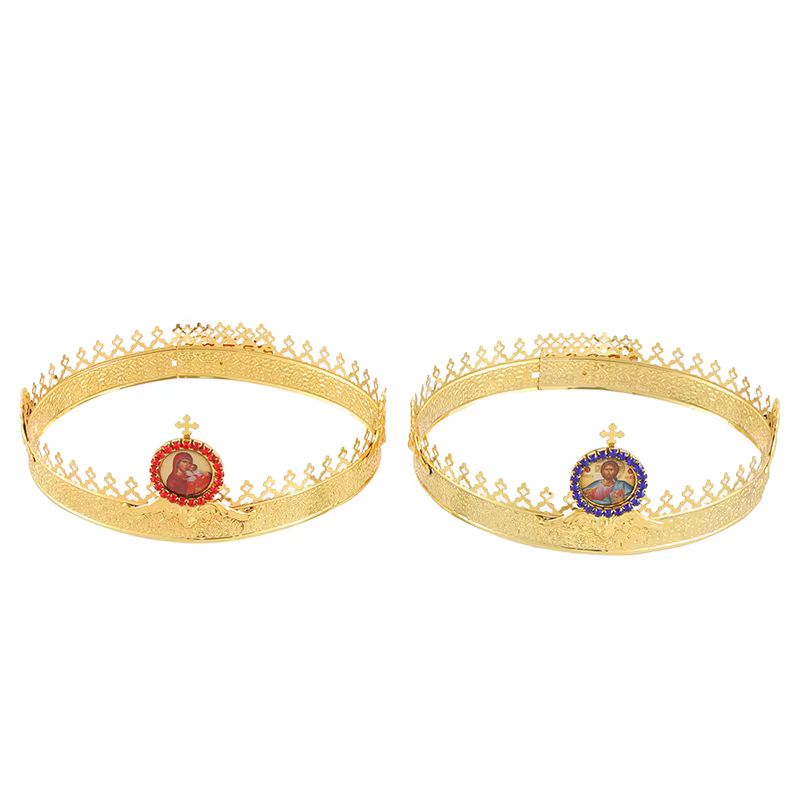 Couronne de mariage orthodoxe plaquée or avec icône de la Vierge Marie pour la liturgie de l'église,