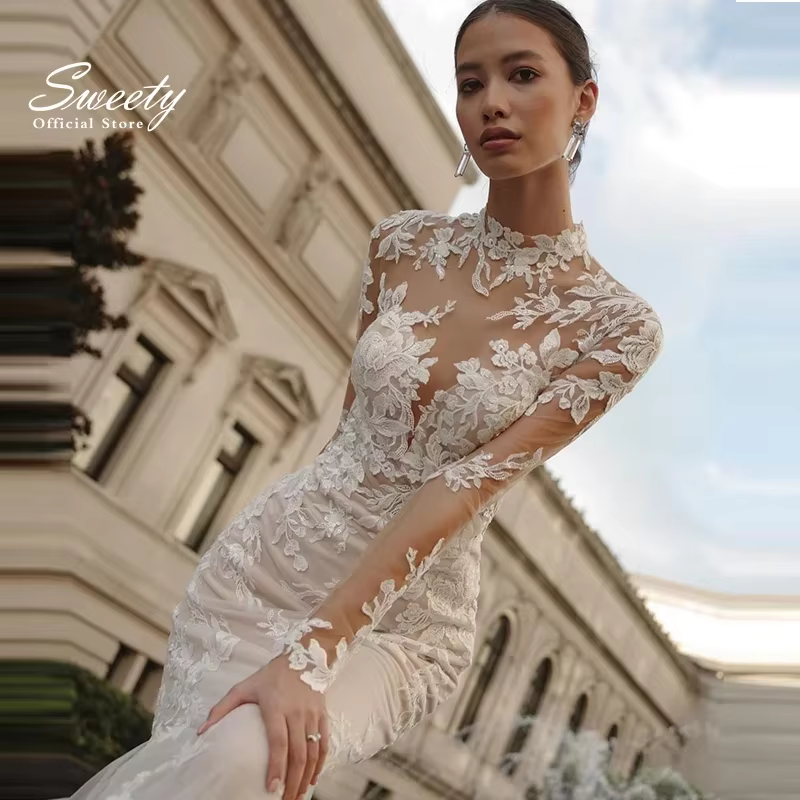 Robe de mariée sirène à col haut, robe de Rhbrodée, manches longues, organza élégant, robe de mariée
