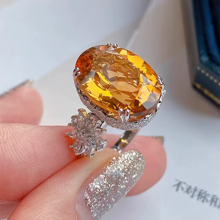 Bague luxueuse en argent sterling 925 avec diamant couleur champagne, couleur Talparanthere Santa Ma