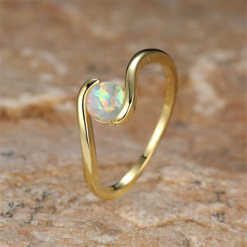 Bague ronde en opale de feu blanche arc-en-ciel, bandes de mariage minimalistes, anneaux fins empila