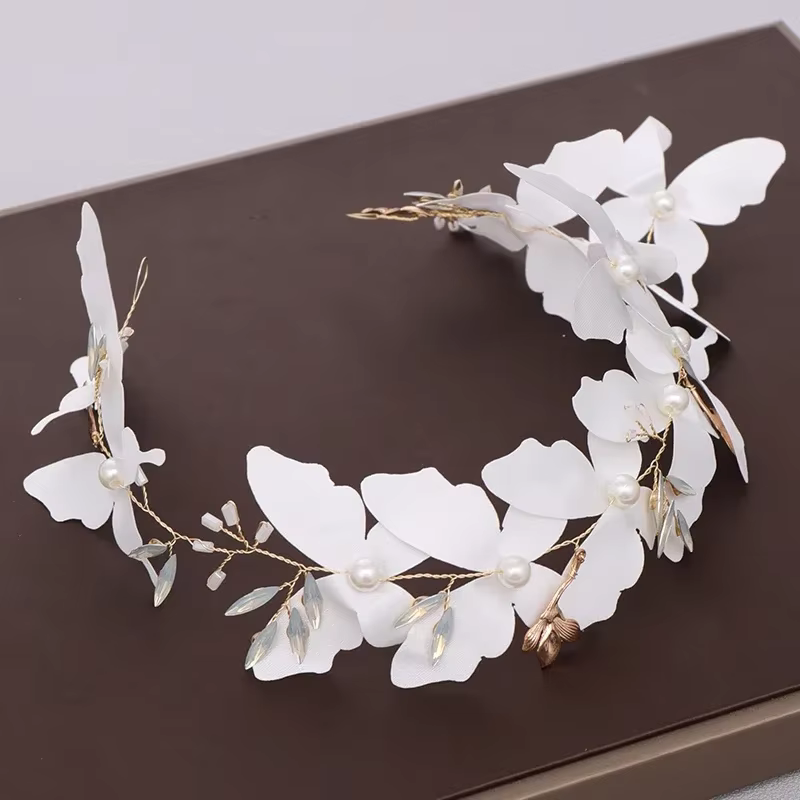 Bandeau de sauna perle papillon blanc pour femmes, bandeaux, accessoires de cheveux de mariage, bisc