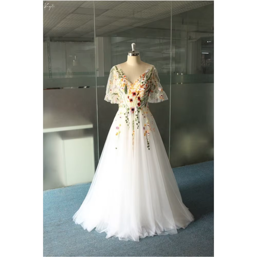 Kyoto personnalisé col en V fleurs brodées robe de mariée a-ligne manches courtes vestidos de novia 