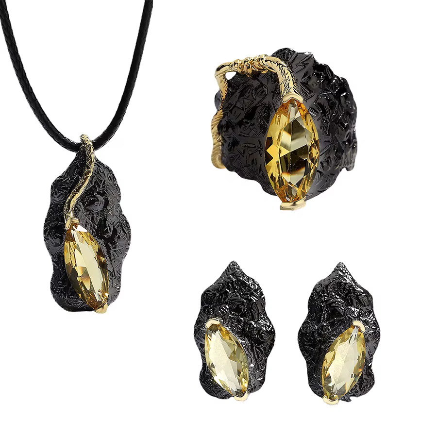 Ensemble de bijoux en or noir italien pour femme, bijoux créatifs, jaune, Zcomprend sur bague, boucl