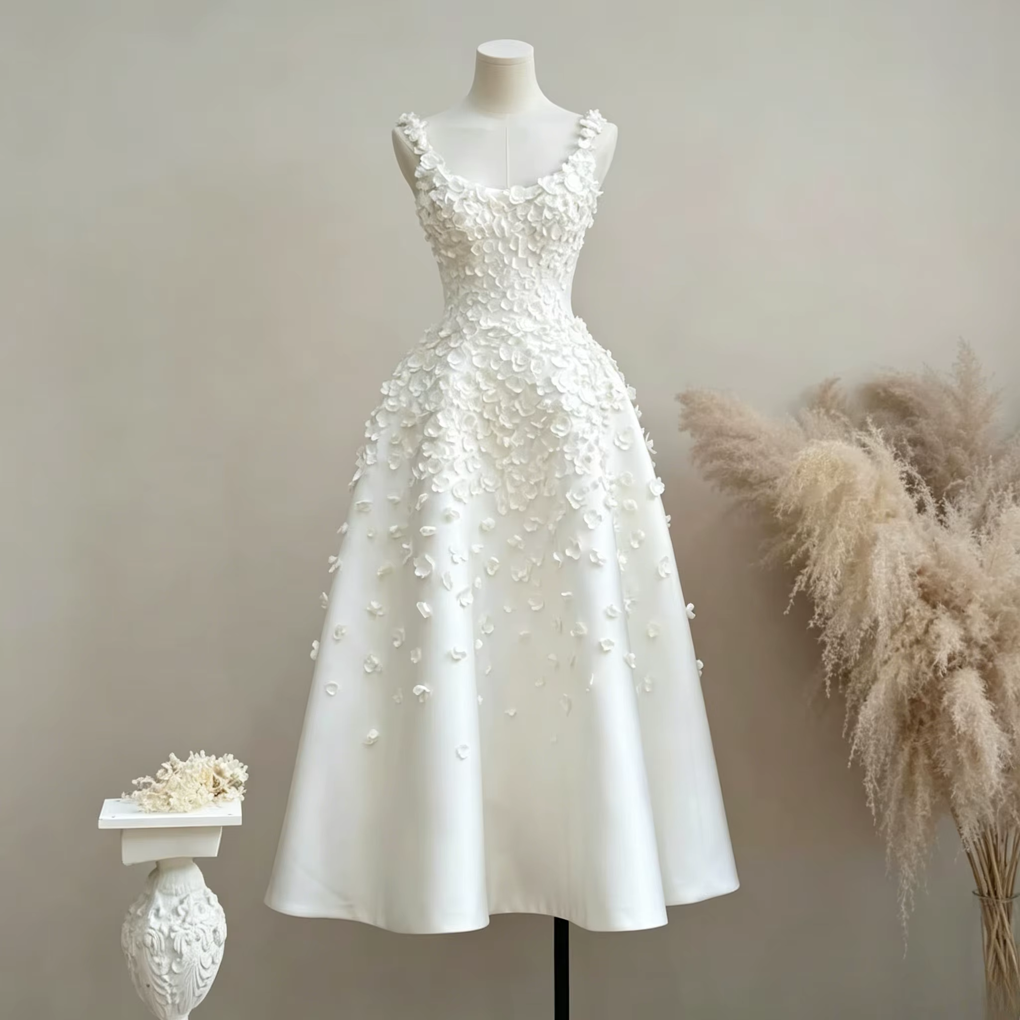 Robe de mariée avec décolleté en V doux, bretelles spaghetti, taille ajustée, appliqués floraux 3D d