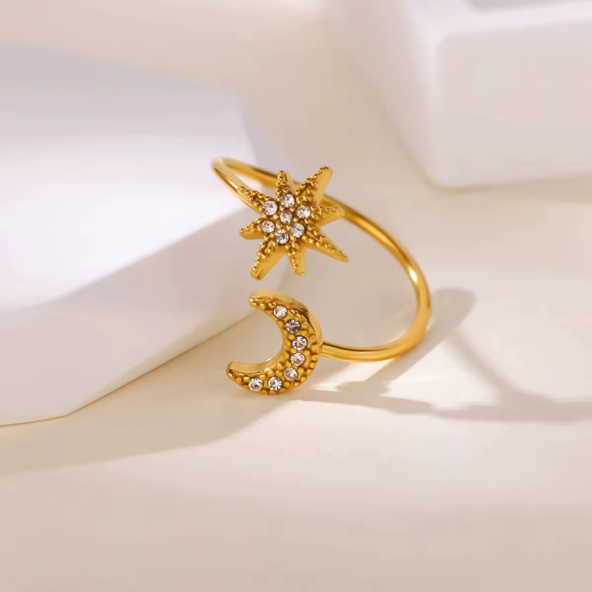 Bagues délicates étoile et lune en zircon pour femme, couleur or, en acier inoxydable, bague ouverte