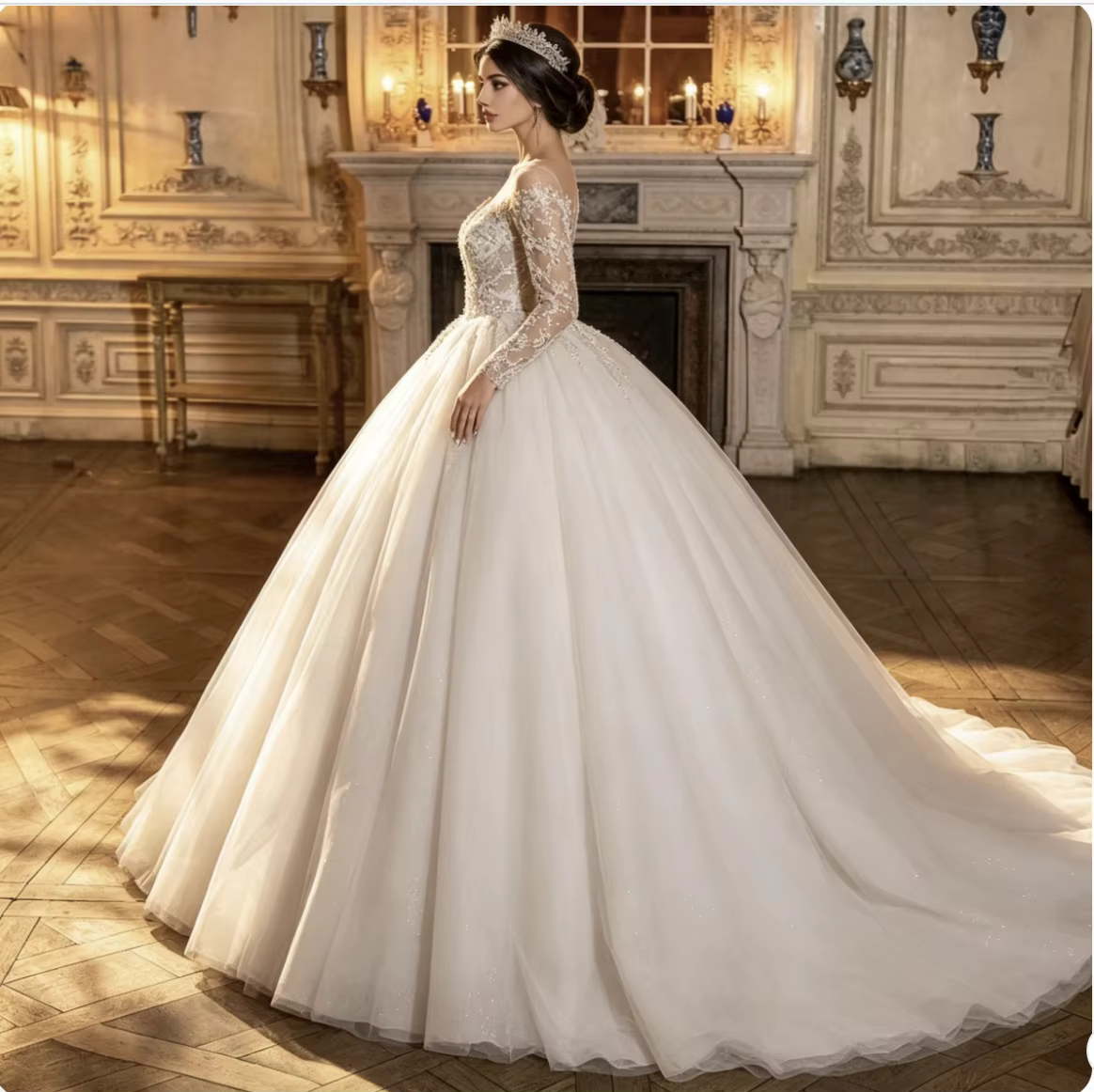 Robe de mariée personnalisable avec décolleté en V transparent, dentelle, appliques perlées et manch
