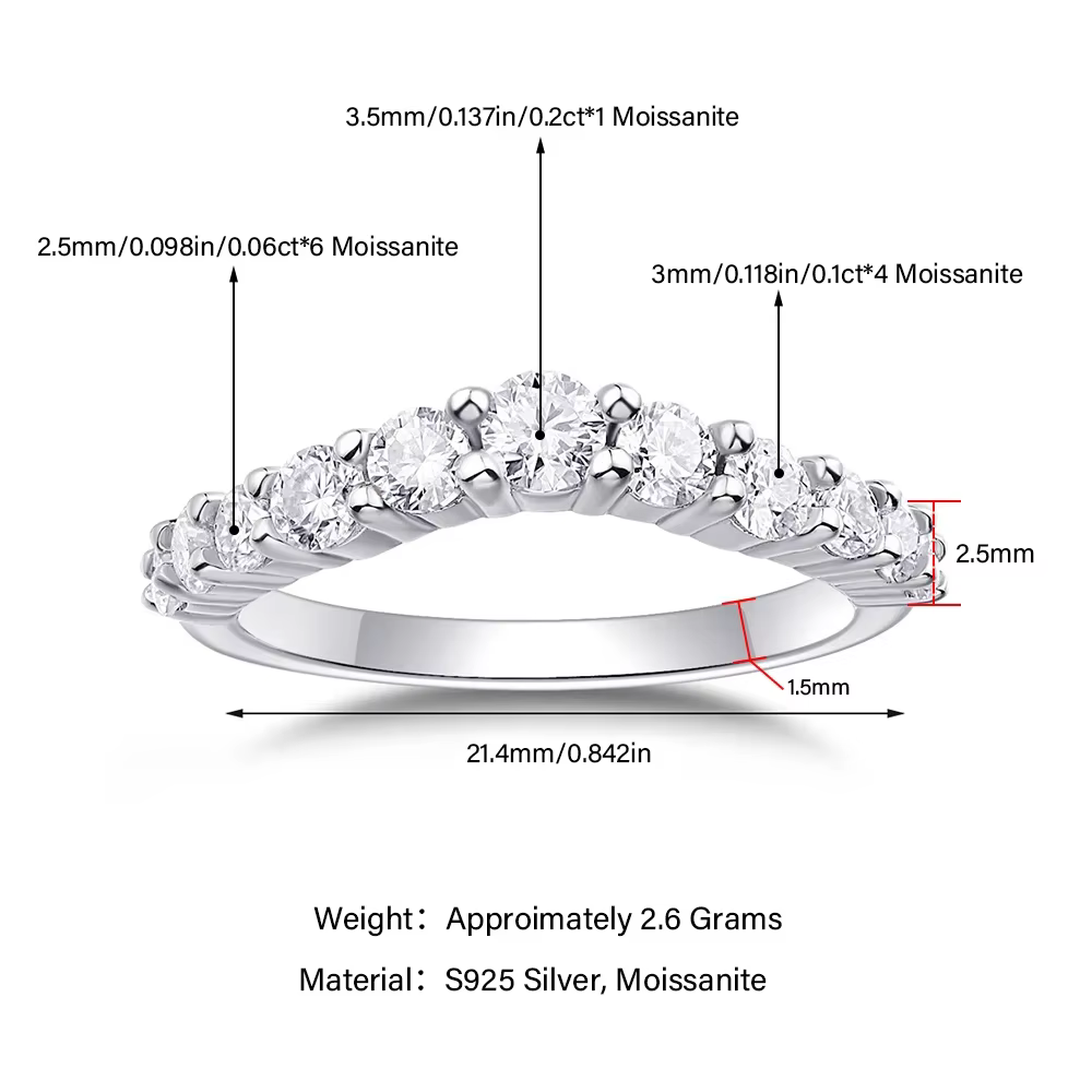 Bague de mariage incurvée en argent sterling S925 avec moissanite LinkerLove, plaquée or blanc 18 ca