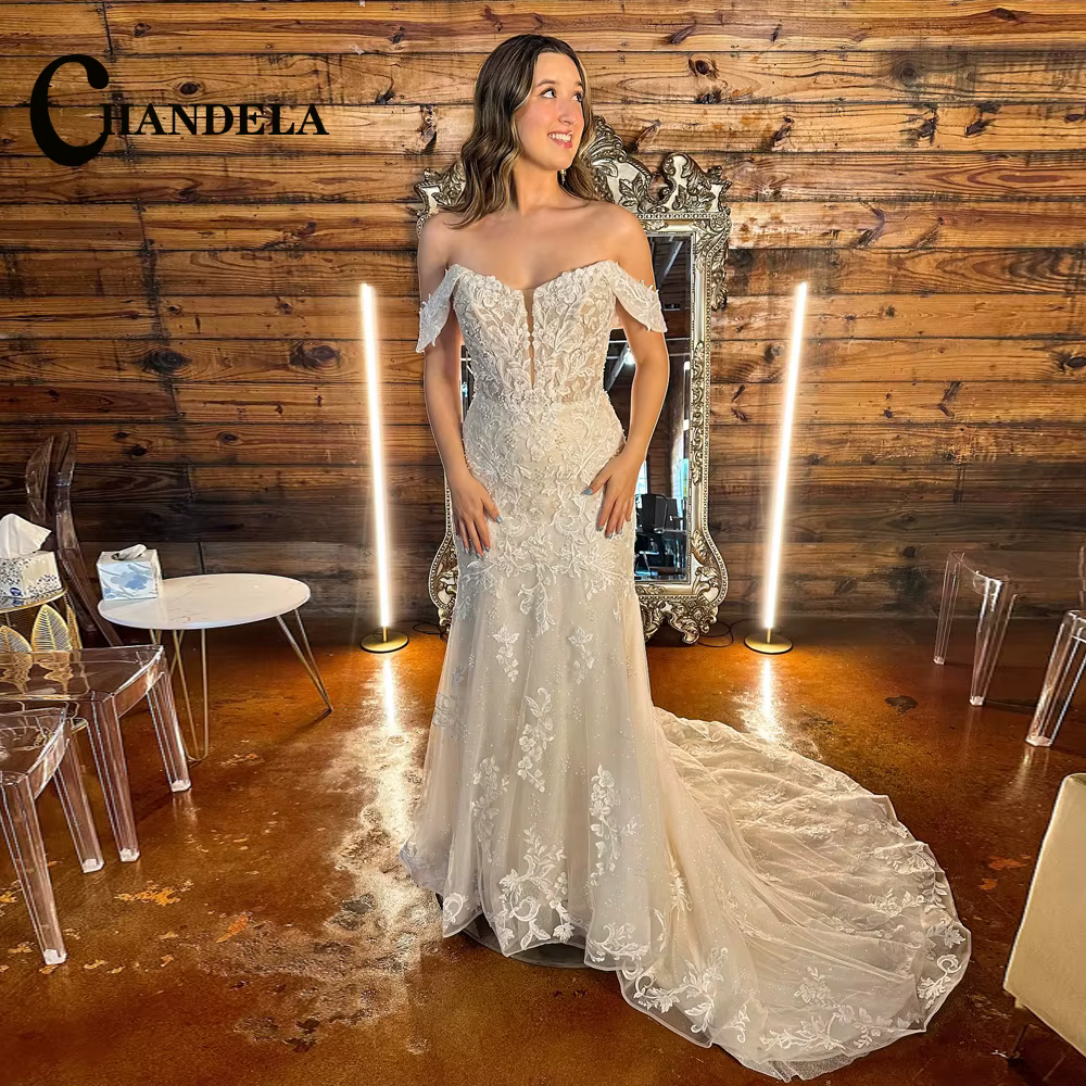 CHANDELA – robe de mariée trompette élégante, en Tulle, épaules dénudées, avec Appliques, fermeture 