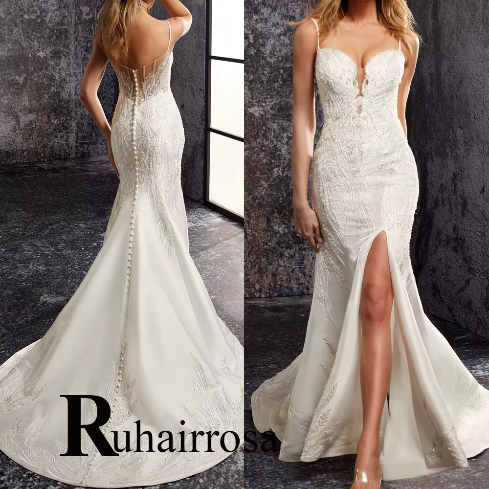 Ruhair charmante trompette robes De mariée dentelle Appliques fente bretelles Spaghetti Corset Robe 