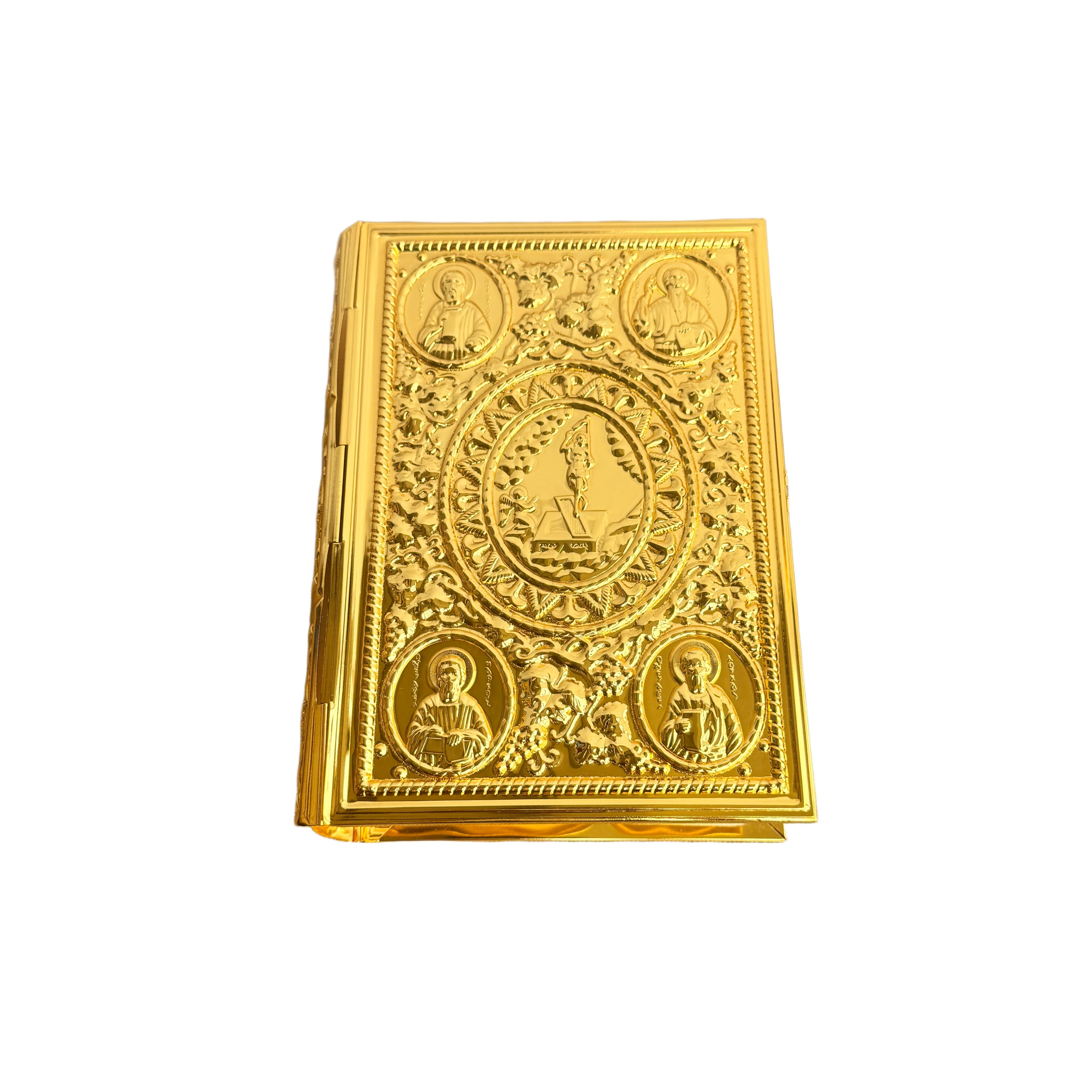 Nouvelle Couverture d'Évangile Ornée Plaquée Or avec Écussons en Relief des Apôtres pour l'Autel de 