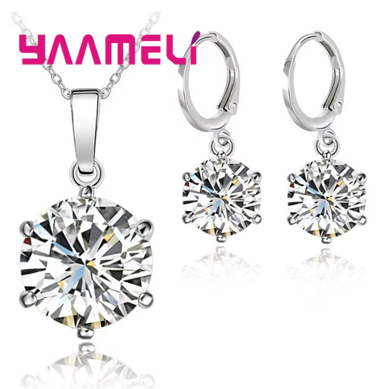 Boucles d'oreilles créoles en argent regardé 925 avec diamant CZ pour femme, collier pendentif, ense