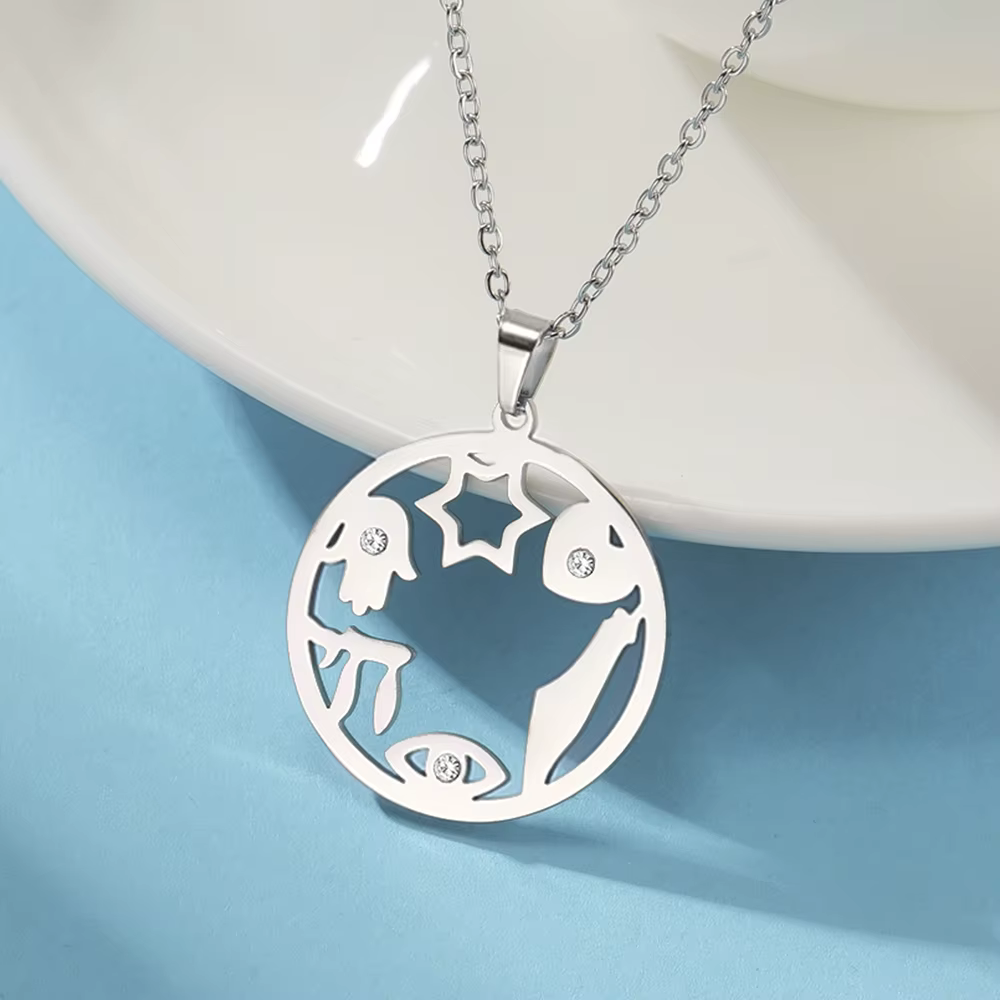 Collier Symboles Judaïques : Chai, Main de Hamsa, Hexagramme, Œil Turc, Amulette Porte-Bonheur, Pend
