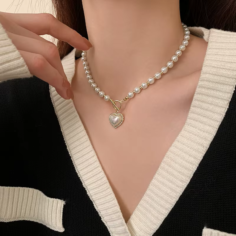 Blanc Imitation Perle Collier Femmes Cristal Pierre Coeur Pendentif Mignon Fille Bijoux Collier Coll