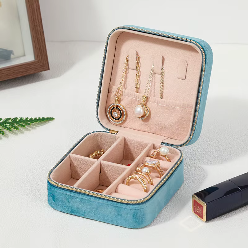 Boîte à bijoux en velours pour femmes, organiseur de voyage portable avec fermeture éclair, étui de 