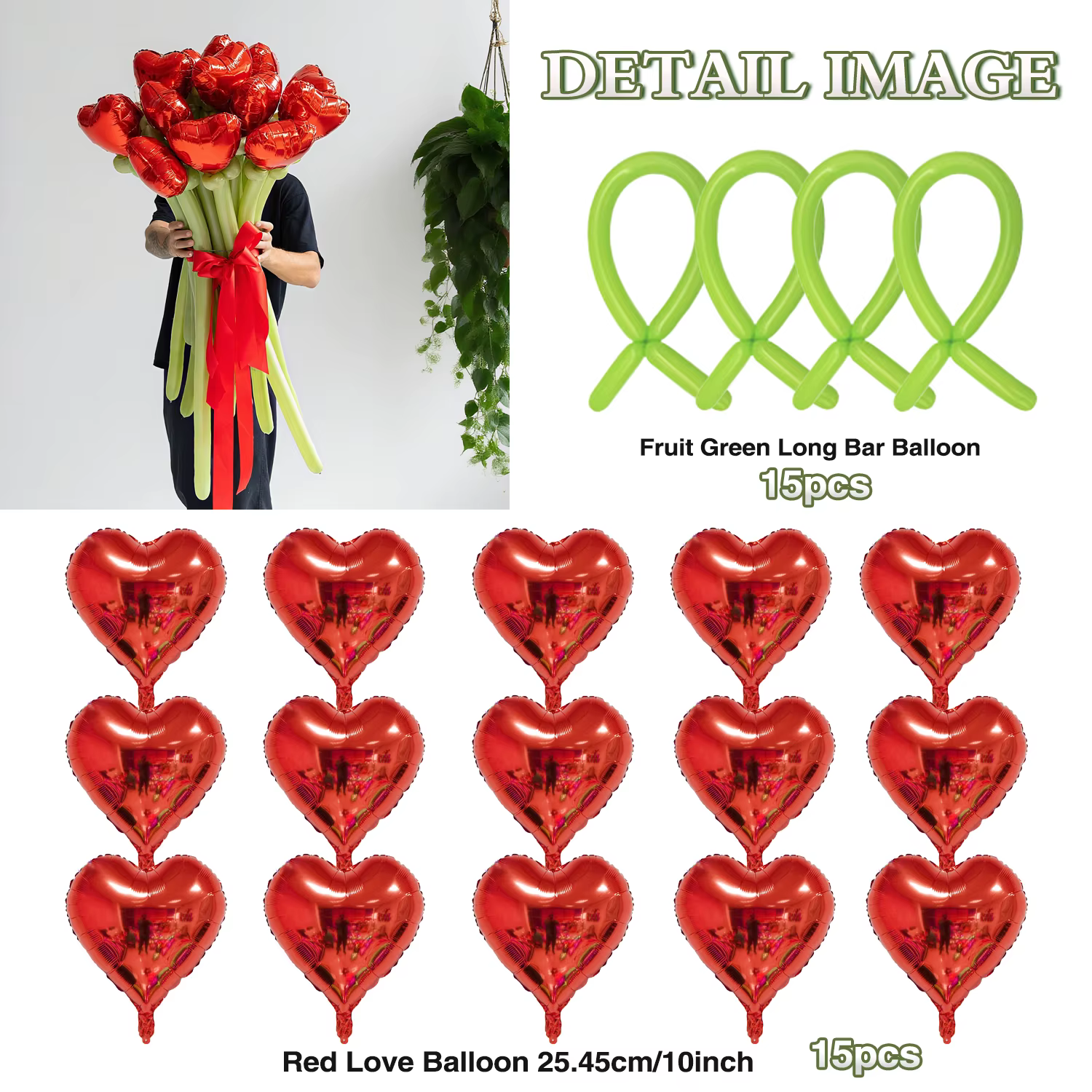 Ensemble de bouquets de ballons d'amour, ballons longs en latex rouge et vert pour décoration de con