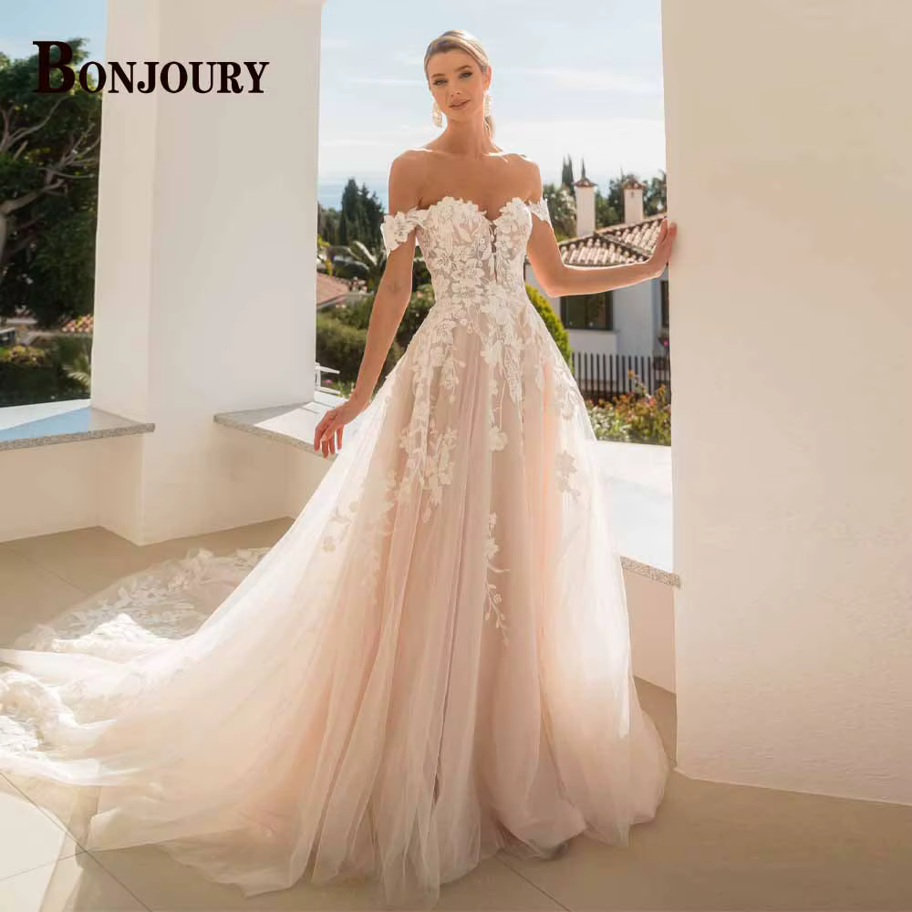 BONJOURY robes De mariée modernes pour femmes avec Appliques a-ligne hors De l'épaule à lacets Robe 