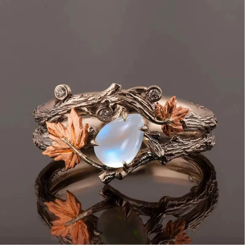 Bague Vintage en pierre de lune feuille d'érable, 1 pièce, parfaite pour un usage quotidien et les f