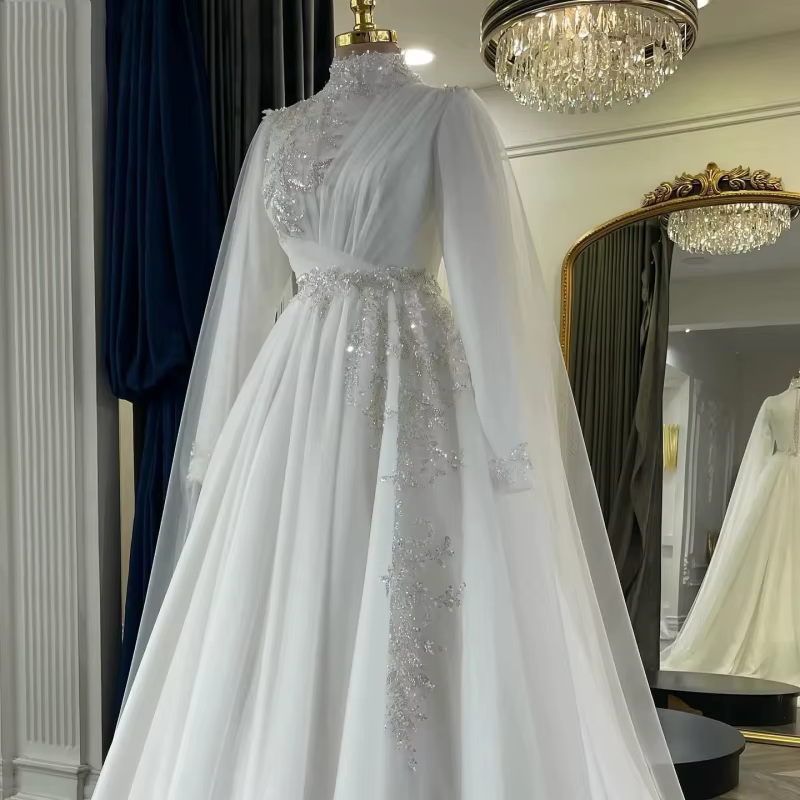 Robe de Mariée en Mousseline de Soie avec Perles, Cape en Tulle, Grande Taille, Personnalisée, en St