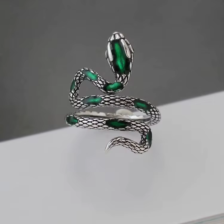Bagues en argent Sterling 925 pour femmes, Vintage, fait à la main, réglable, rétro, serpent vert, b