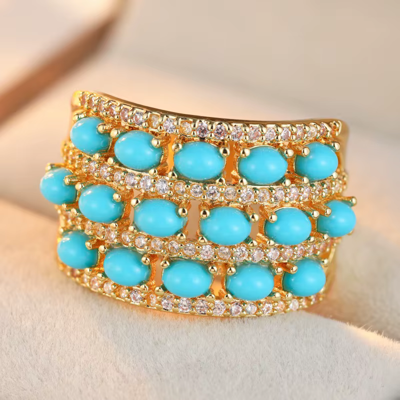 Bague dorée scintillante classique incrustée d'imitation de turquoise pour femme, style bohème, pour