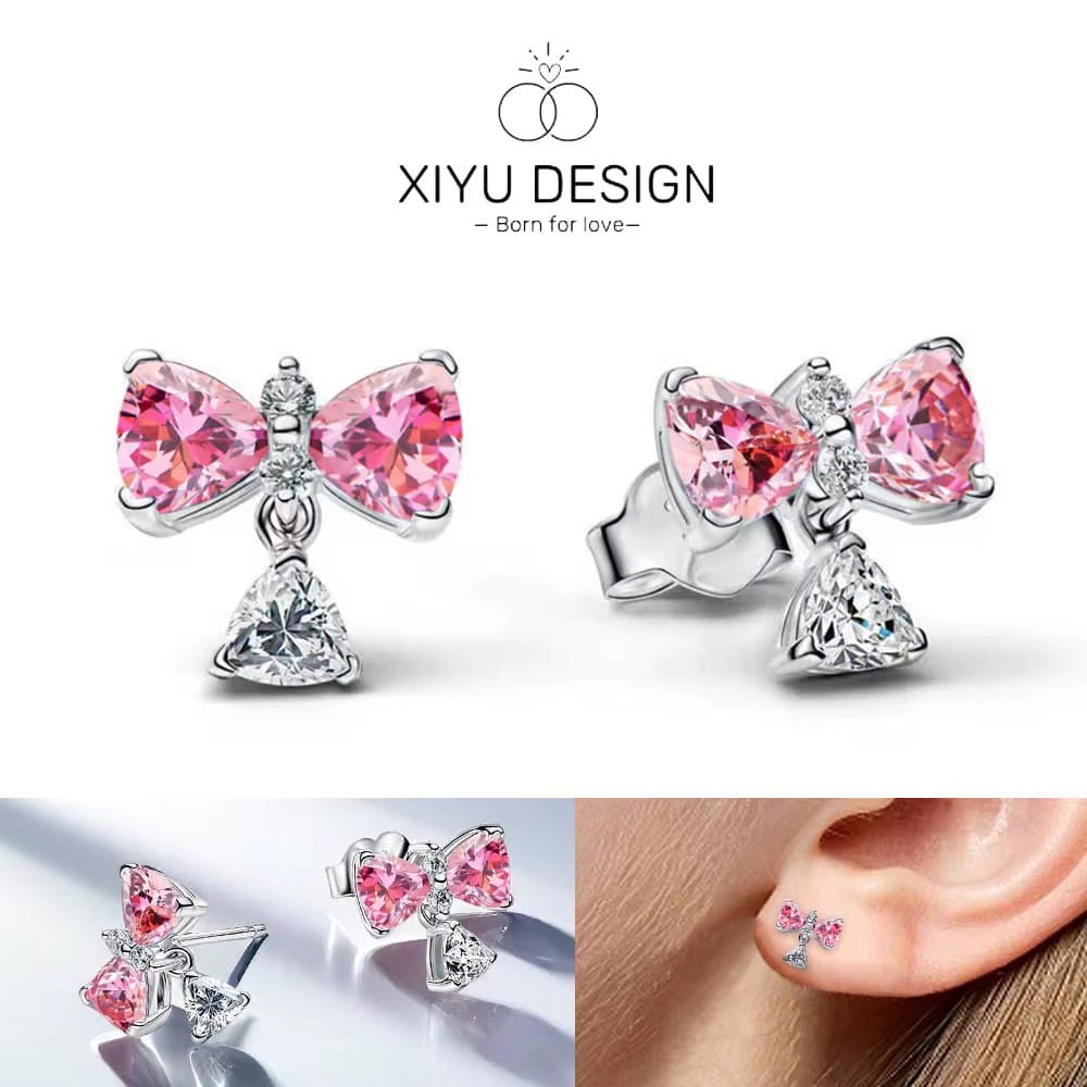NOUVEAU Ensemble de bijoux pour la Fête des Mères en argent 925, nœud rose, zircon brillant, boucles