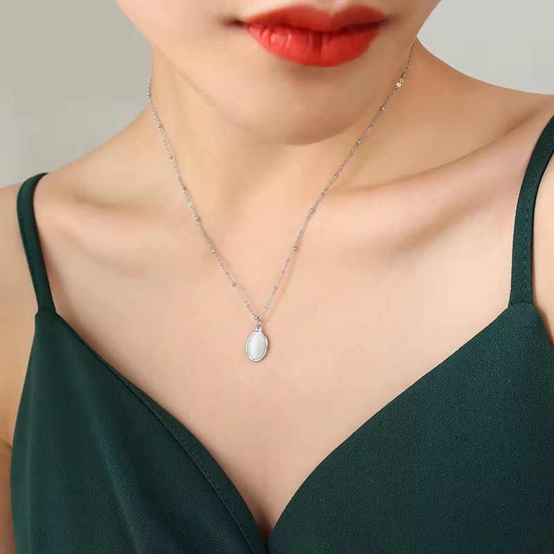 Collier opale Simple Vintage en acier inoxydable 316L, chaîne de cou pour femmes, pendentif noir et 