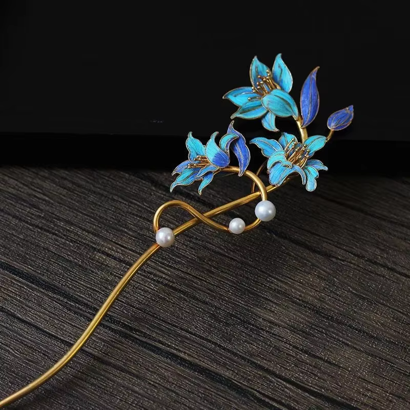 Diadème de fleur de lys bleu avec perle d'émail, bijoux de cheveux Qipao, étiquettes classiques élég