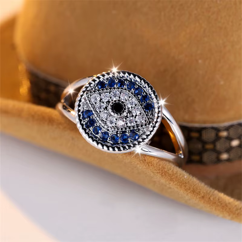 Bagues à œil unique en Zircon bleu blanc bicolore pour femmes, couleur argent, bandes de mariage Vin