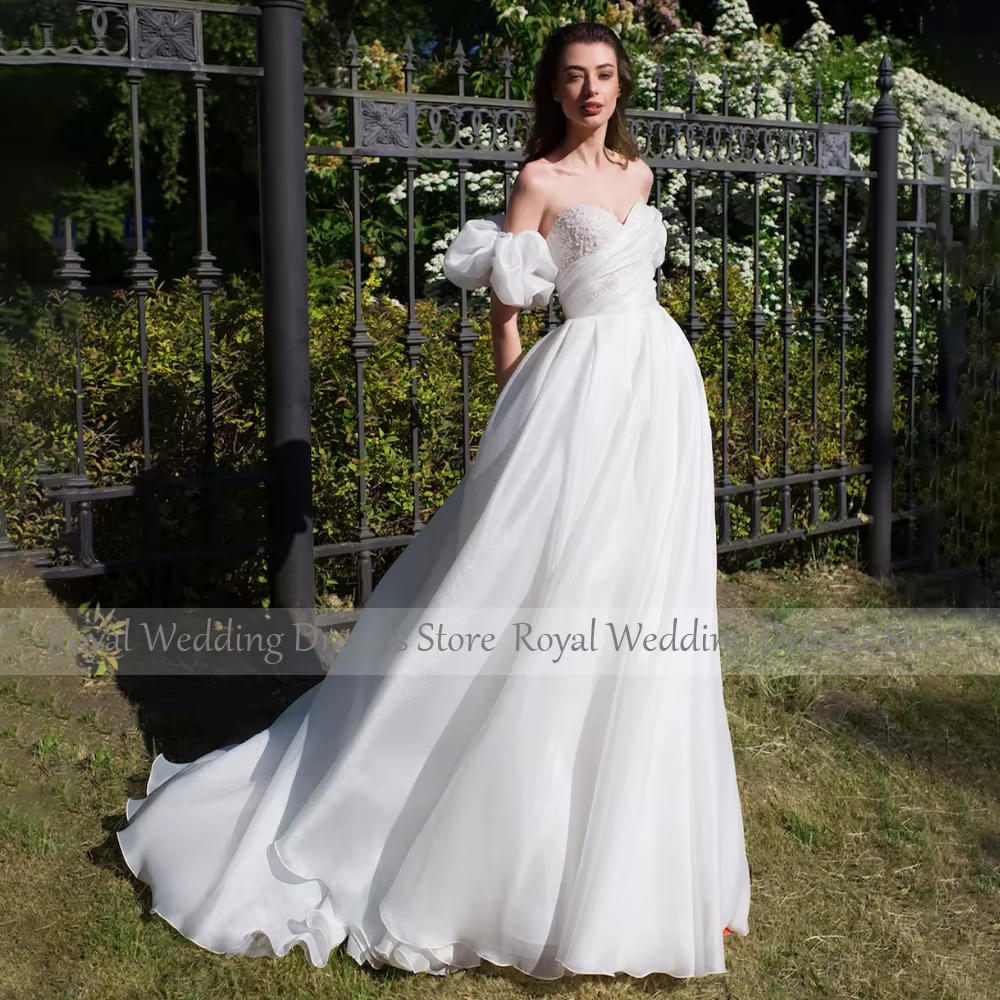 Robe de mariée en satin organza blanc pour femme, tenue élégante de plage, manches bouffantes, perle