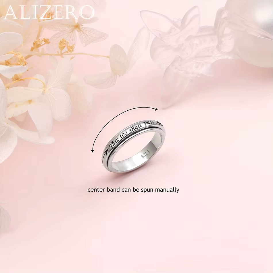 Bague rotative en argent sterling 925 – Citation "This Too Shall Pass", taille américaine réglable 6