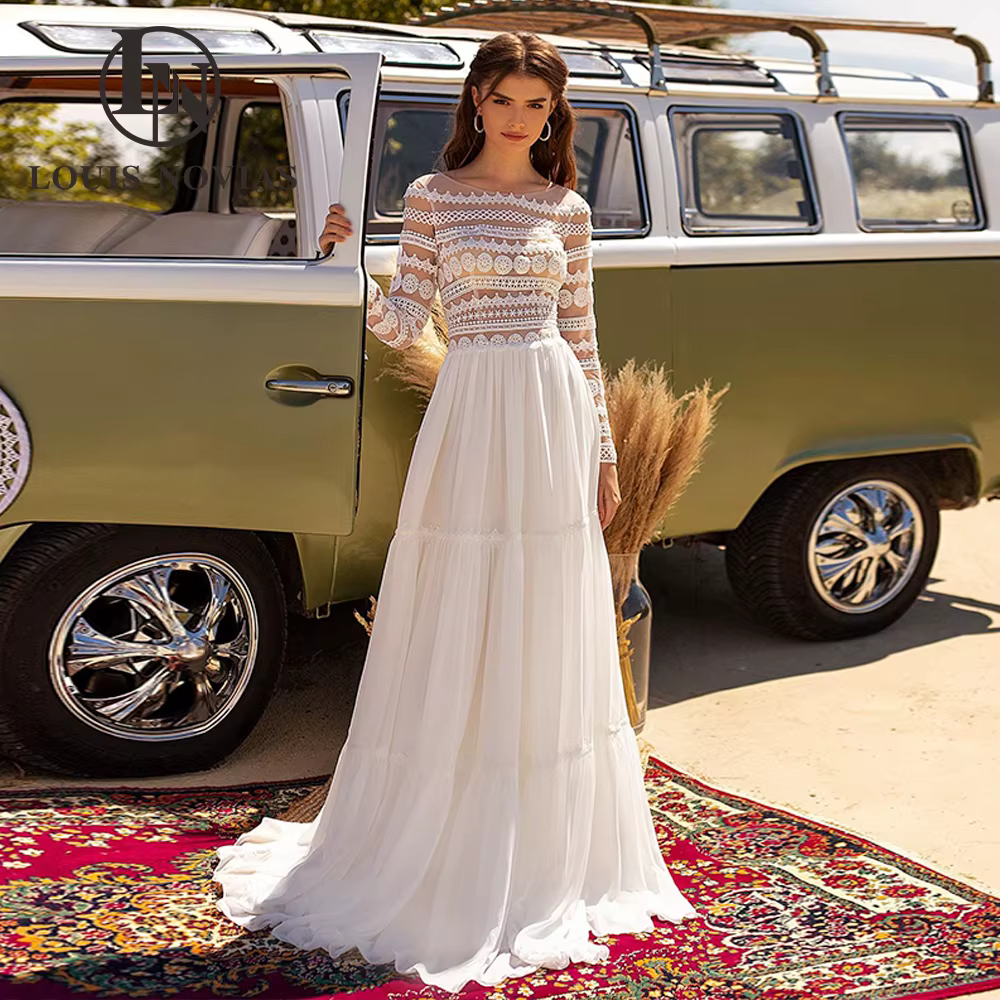 Modiis-Robes de mariée A-Line en dentelle pour femmes, DegradScoop, Semi-Transparent, Manches longue