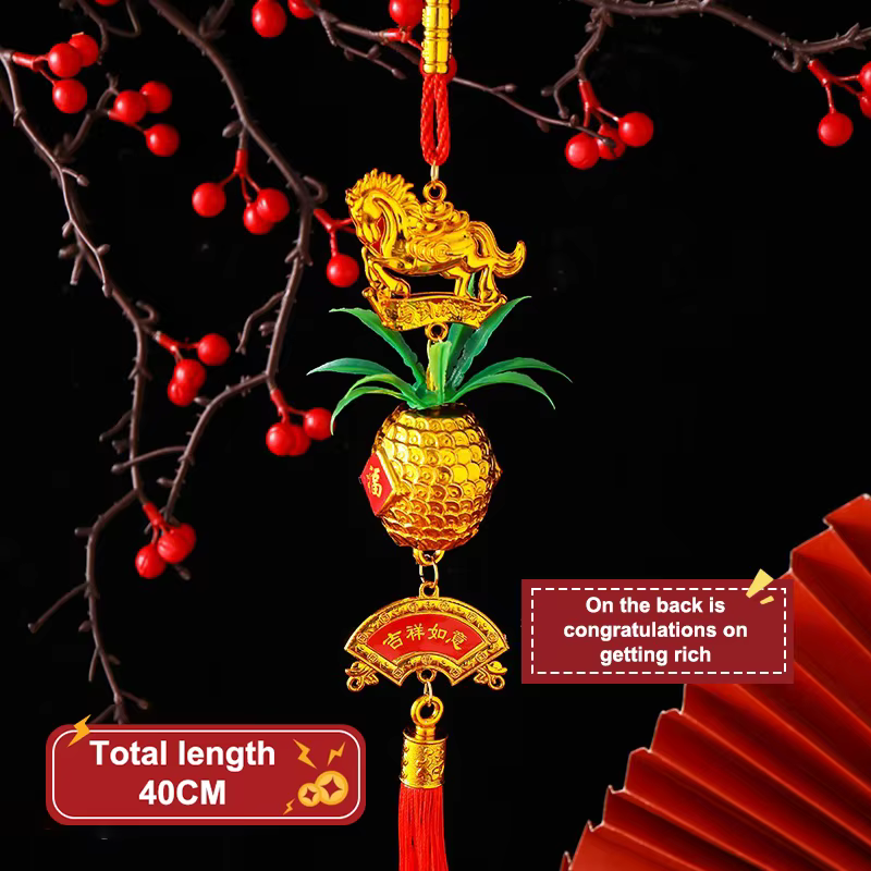 Ornement mural suspendu pour voiture, année du cheval, nouvel an chinois, pendentif ananas en or rou