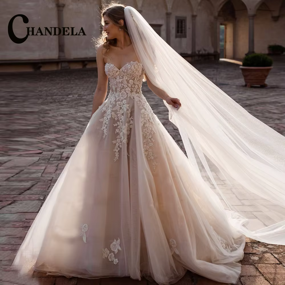 CHANDELA robe de mariée sans bretelles à couper le souffle avec des superbes Appliques en dentelle e