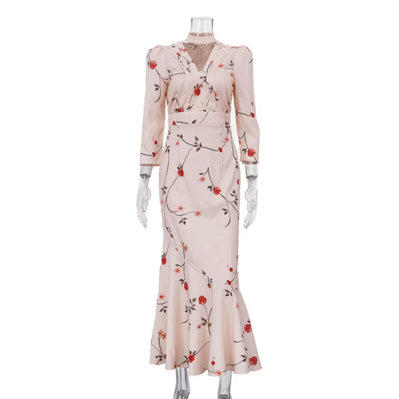 Nouvelle Robe Longue Sirène de Soirée de Mariage 2026 à Imprimé Floral Français, Élégante pour Femme